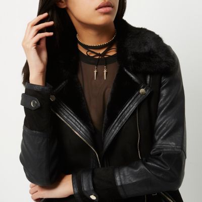 Black tied spike layered choker bolo necklace